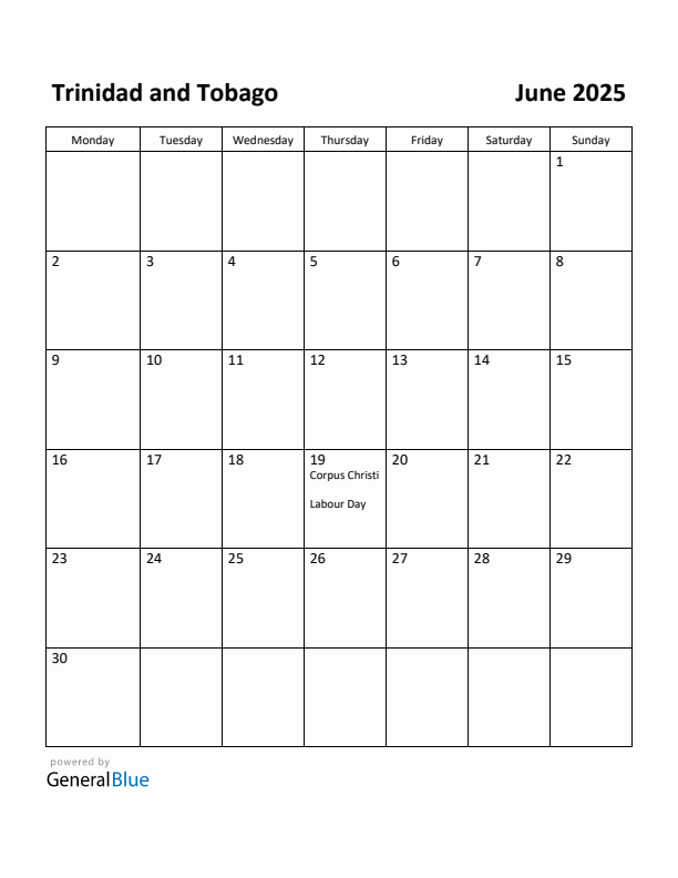 June 2025 Calendar with Trinidad and Tobago Holidays
