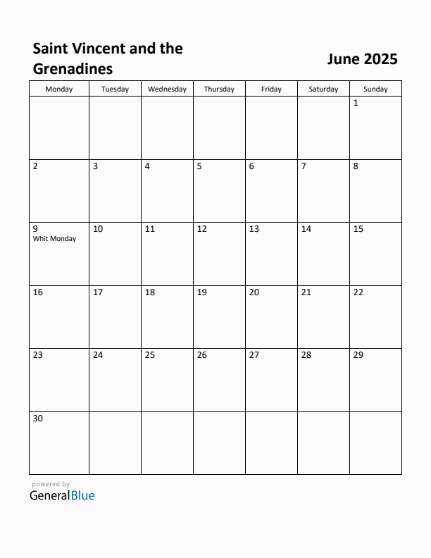 June 2025 Calendar with Saint Vincent and the Grenadines Holidays