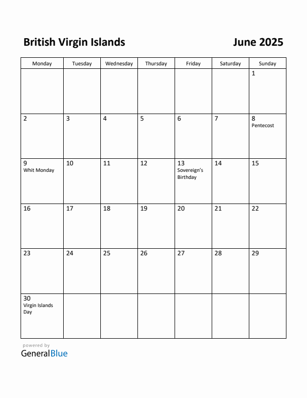 June 2025 Calendar with British Virgin Islands Holidays