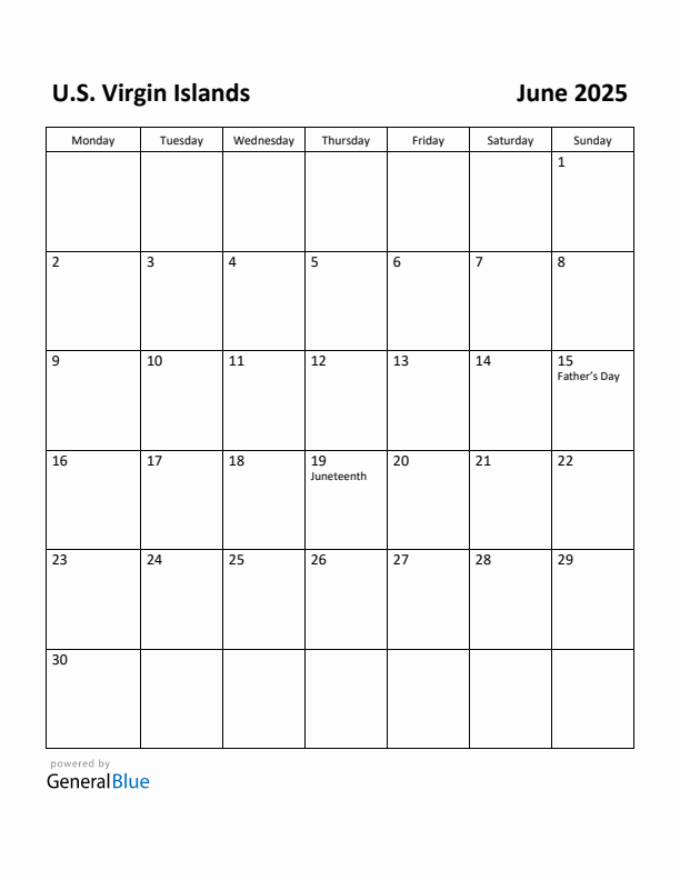 June 2025 Calendar with U.S. Virgin Islands Holidays