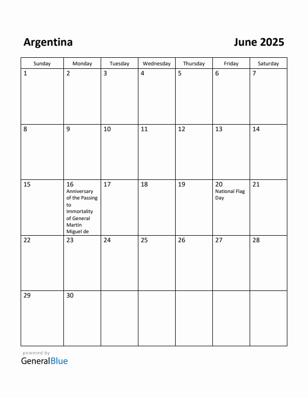June 2025 Calendar with Argentina Holidays