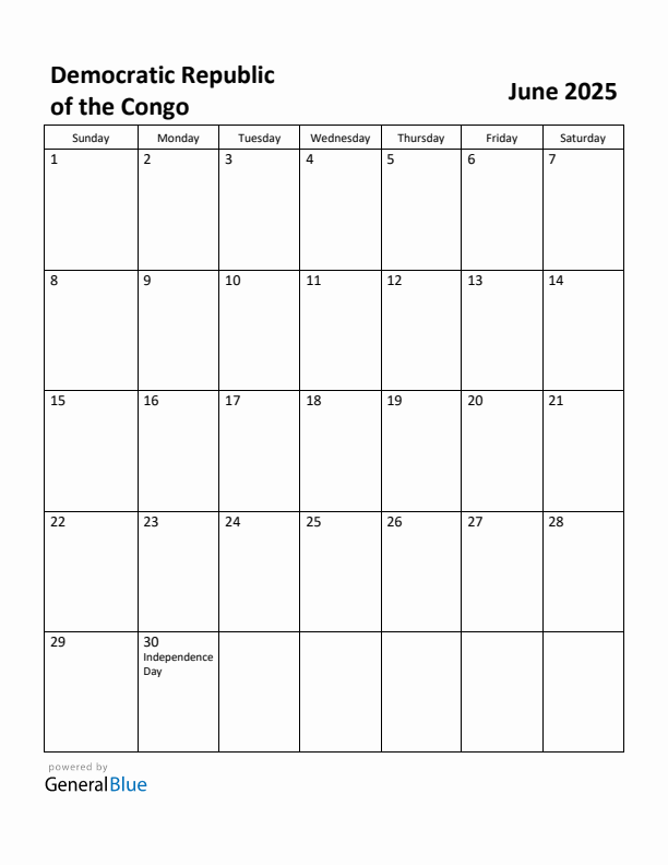 June 2025 Calendar with Democratic Republic of the Congo Holidays