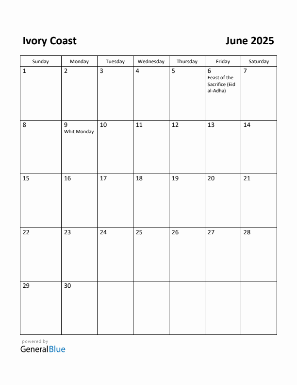 June 2025 Calendar with Ivory Coast Holidays