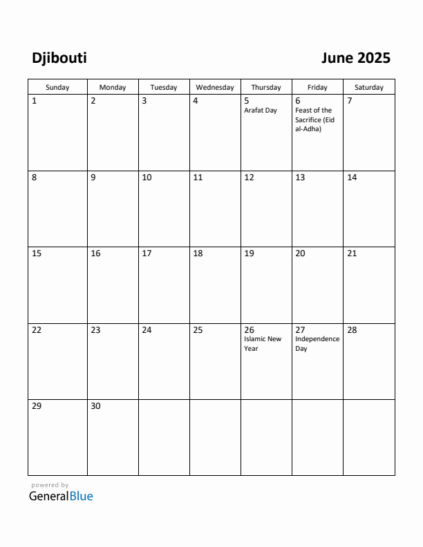June 2025 Calendar with Djibouti Holidays