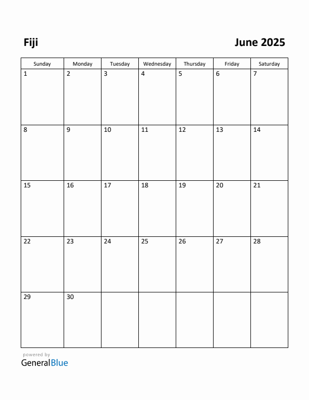 June 2025 Calendar with Fiji Holidays