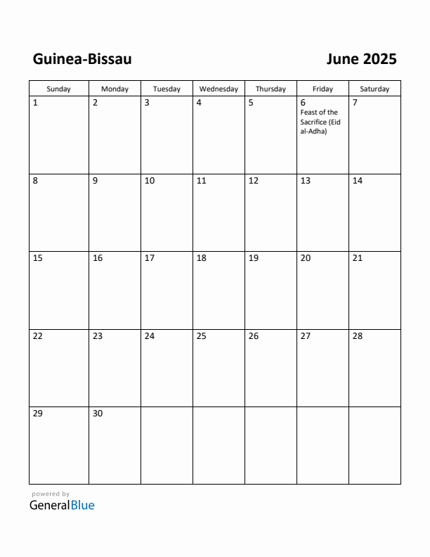 June 2025 Calendar with Guinea-Bissau Holidays