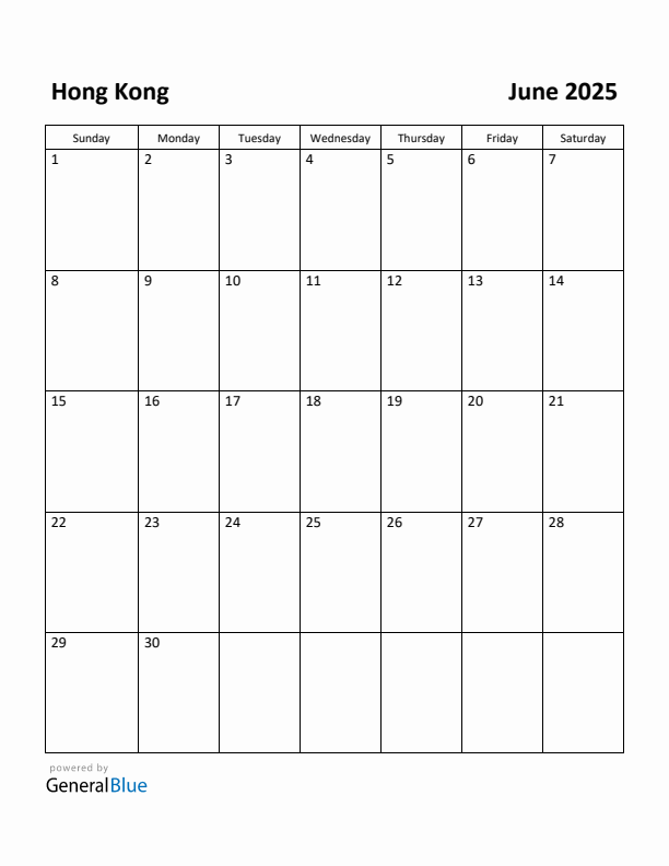 June 2025 Calendar with Hong Kong Holidays