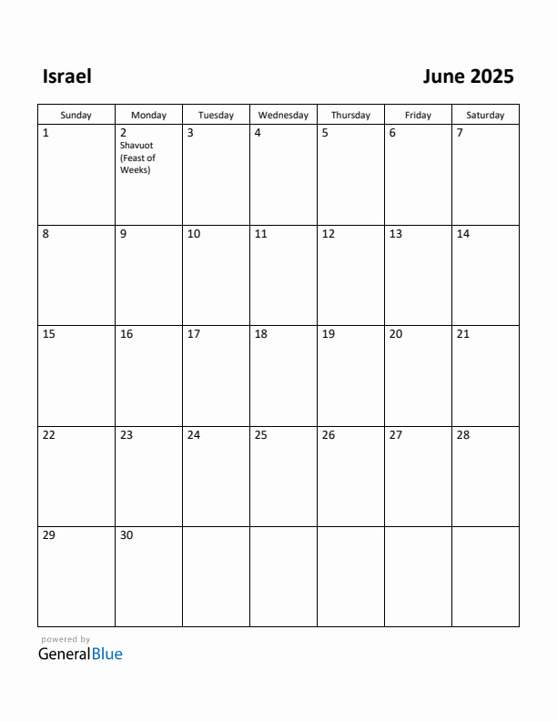 June 2025 Calendar with Israel Holidays