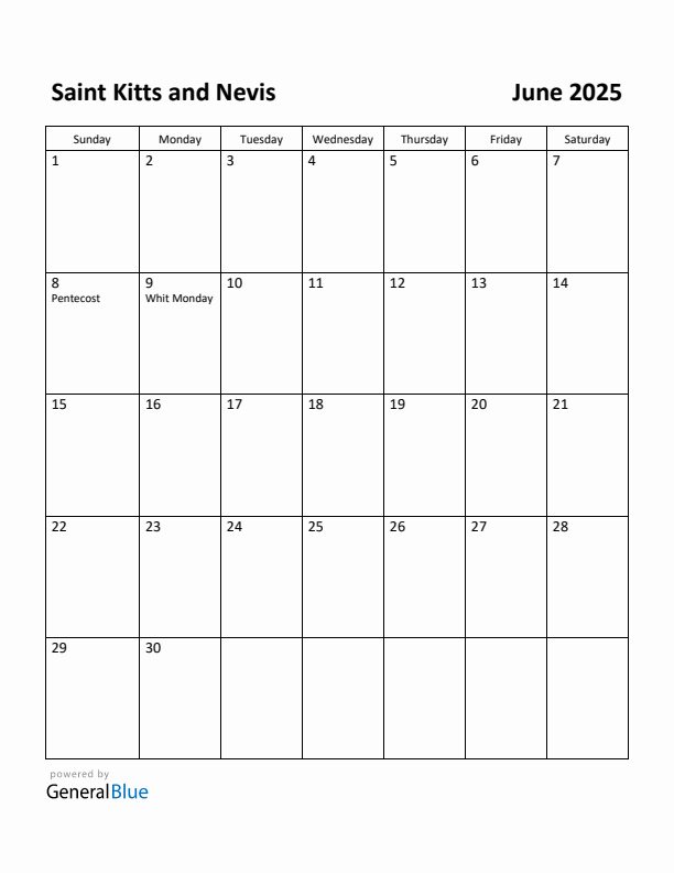 June 2025 Calendar with Saint Kitts and Nevis Holidays