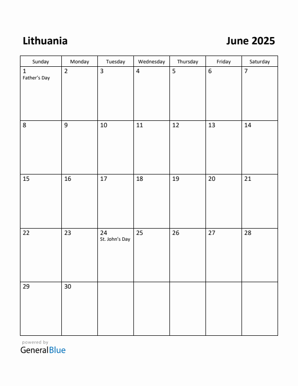 June 2025 Calendar with Lithuania Holidays