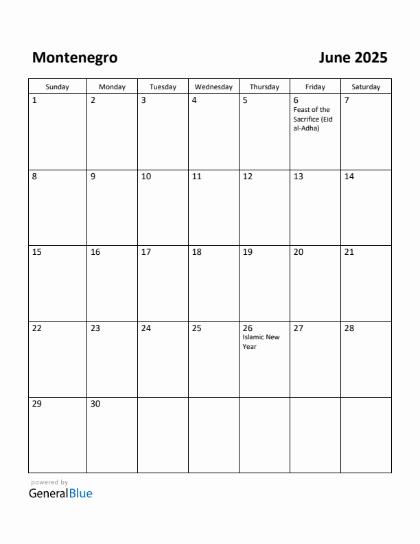 June 2025 Calendar with Montenegro Holidays