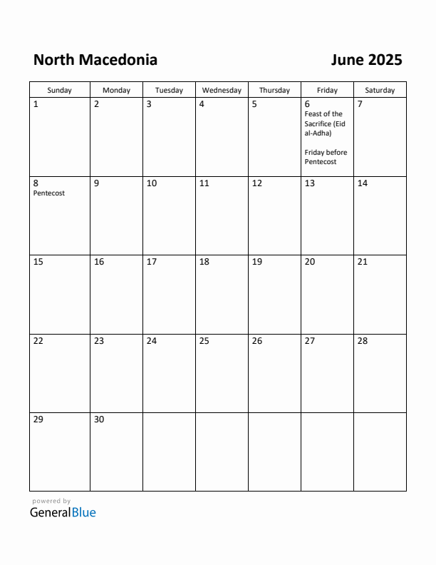 June 2025 Calendar with North Macedonia Holidays