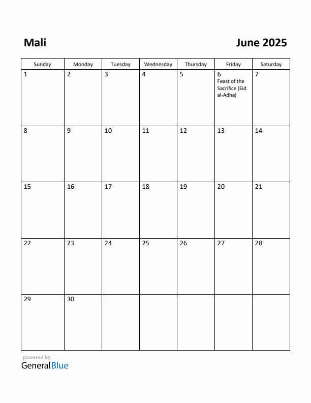 June 2025 Calendar with Mali Holidays