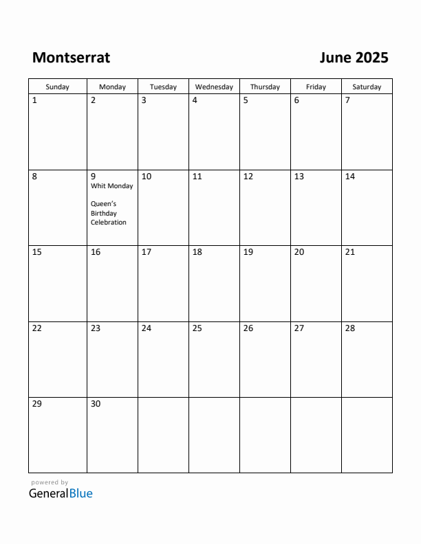 June 2025 Calendar with Montserrat Holidays