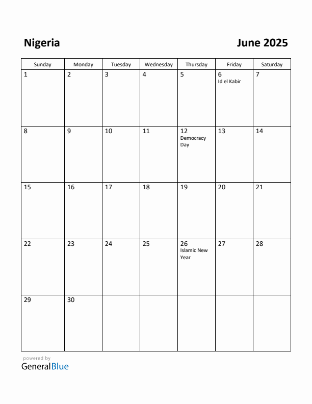 June 2025 Calendar with Nigeria Holidays