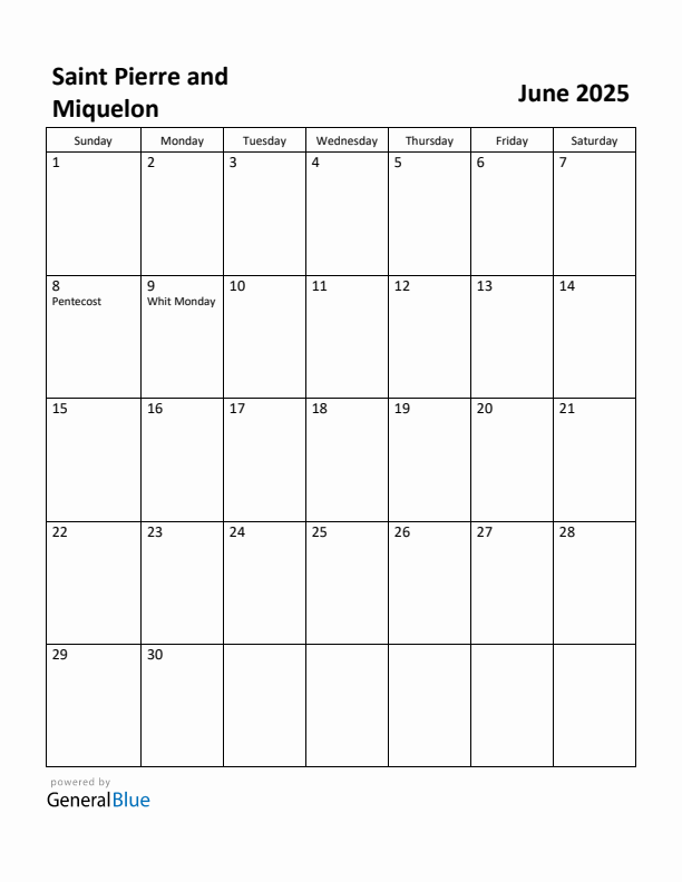 June 2025 Calendar with Saint Pierre and Miquelon Holidays