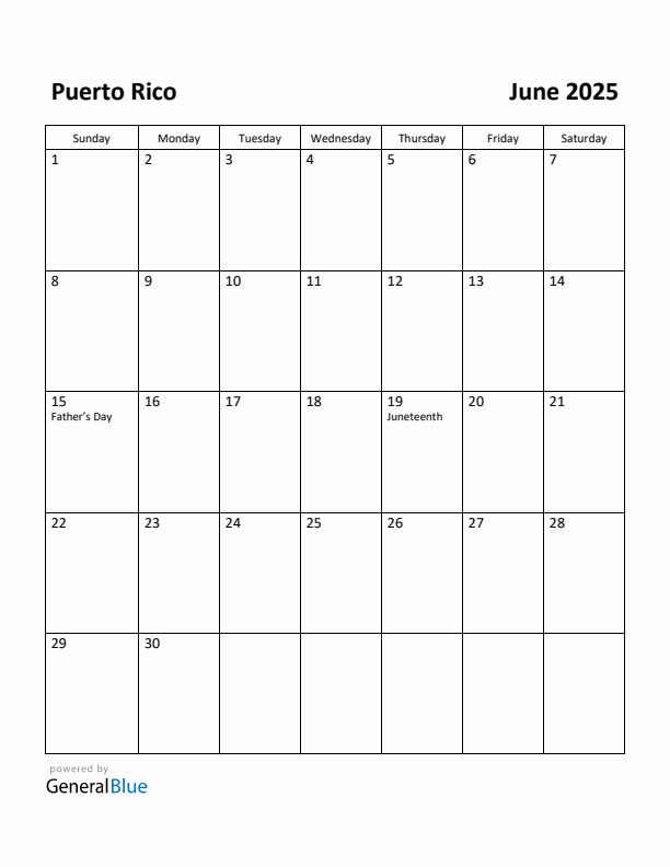 June 2025 Calendar with Puerto Rico Holidays