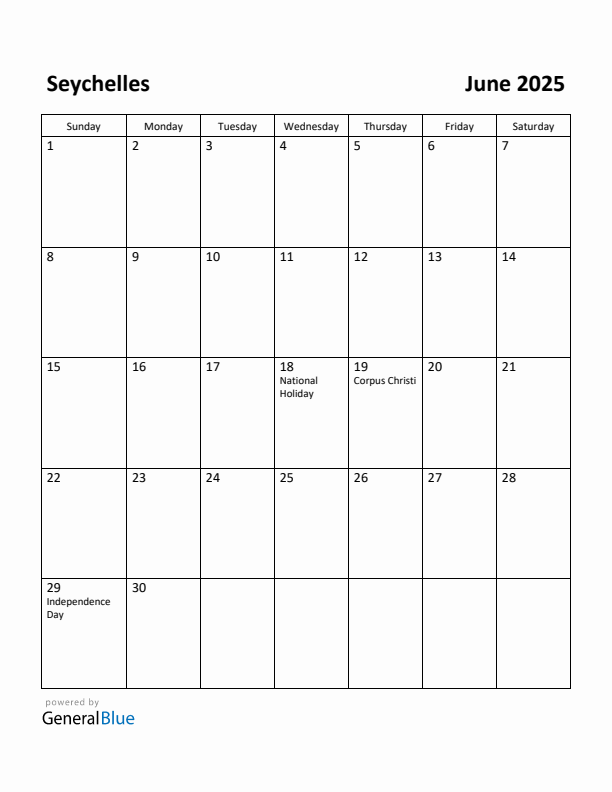 June 2025 Calendar with Seychelles Holidays