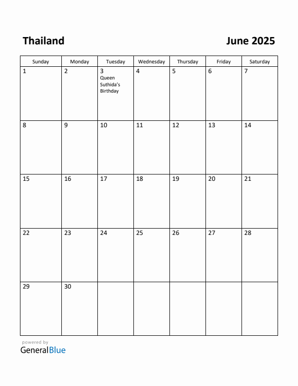 June 2025 Calendar with Thailand Holidays