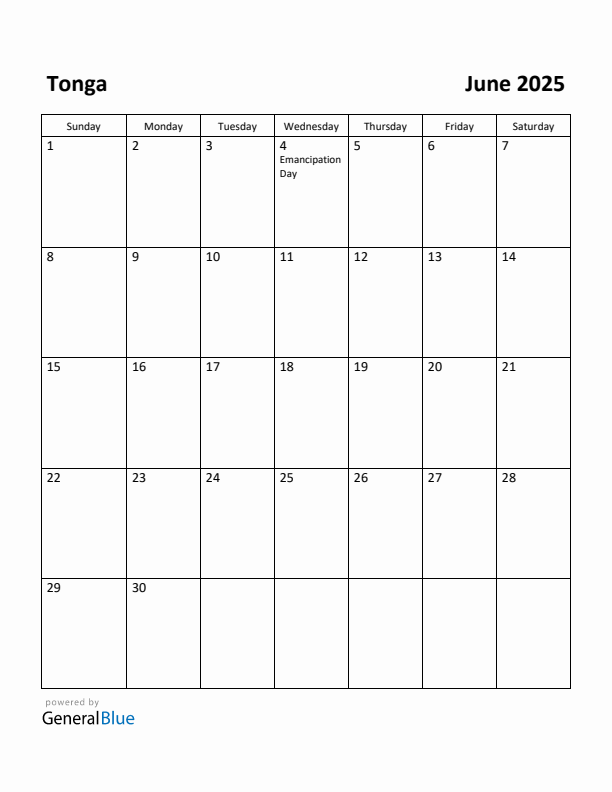 June 2025 Calendar with Tonga Holidays
