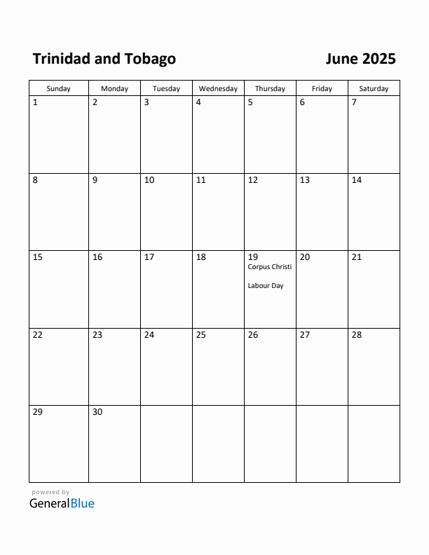 June 2025 Calendar with Trinidad and Tobago Holidays