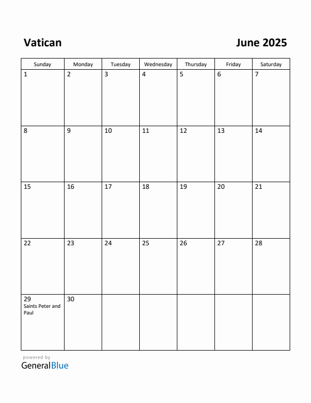 June 2025 Calendar with Vatican Holidays