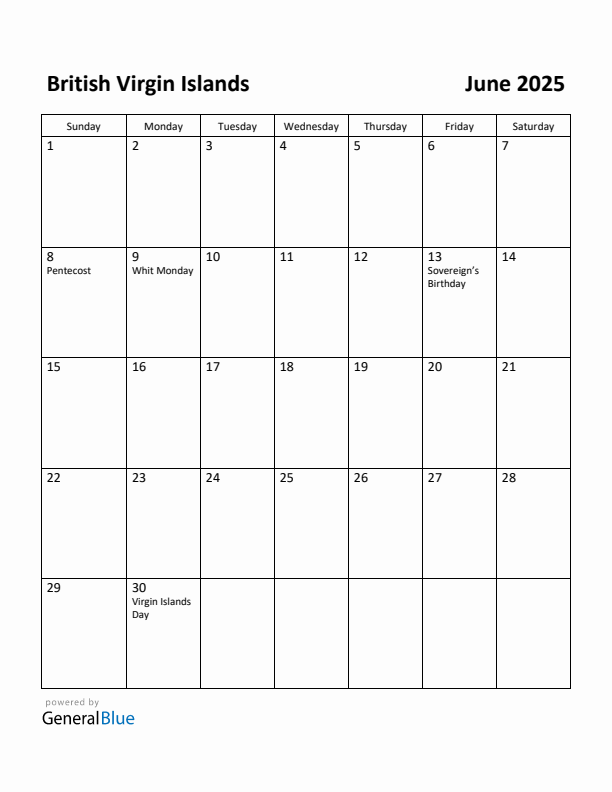 June 2025 Calendar with British Virgin Islands Holidays
