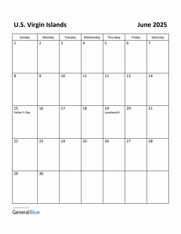 June 2025 Calendar with U.S. Virgin Islands Holidays
