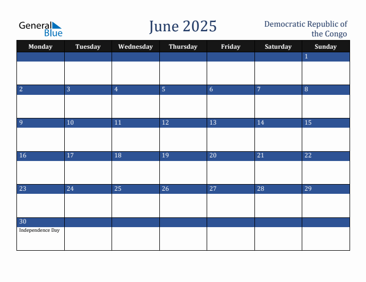 June 2025 Democratic Republic of the Congo Calendar (Monday Start)