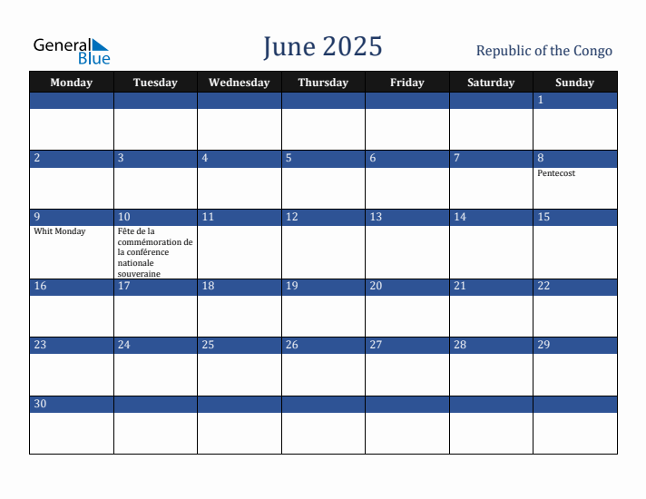 June 2025 Republic of the Congo Calendar (Monday Start)