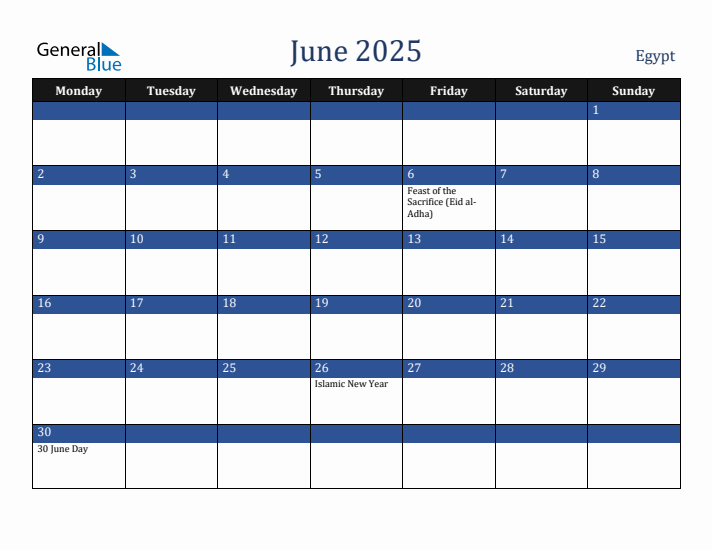 June 2025 Egypt Calendar (Monday Start)