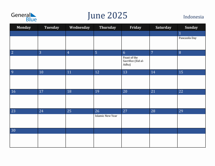 June 2025 Indonesia Calendar (Monday Start)