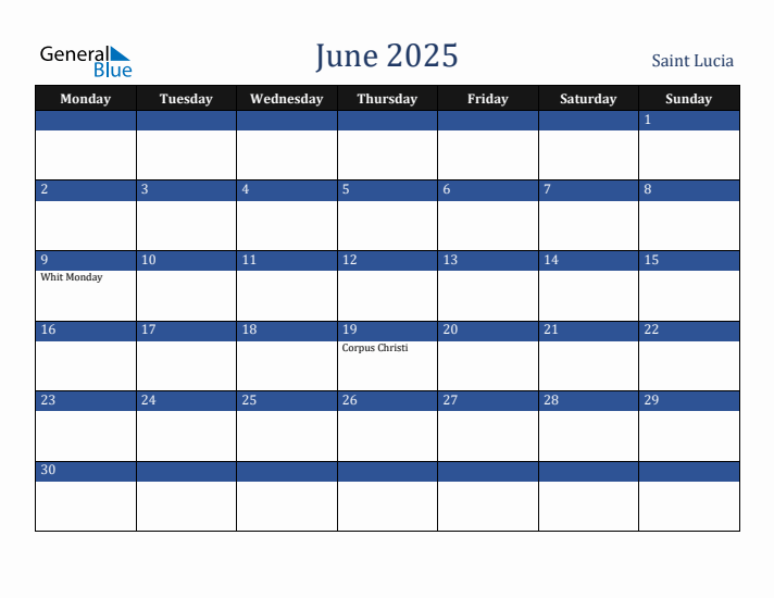 June 2025 Saint Lucia Calendar (Monday Start)