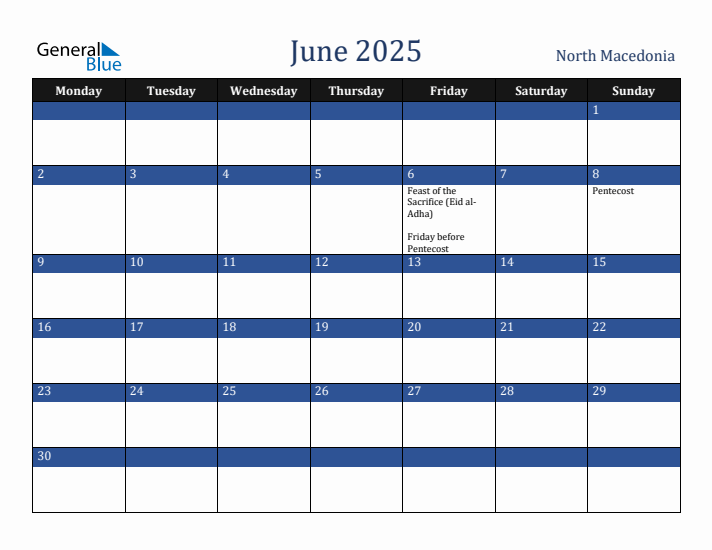 June 2025 North Macedonia Calendar (Monday Start)