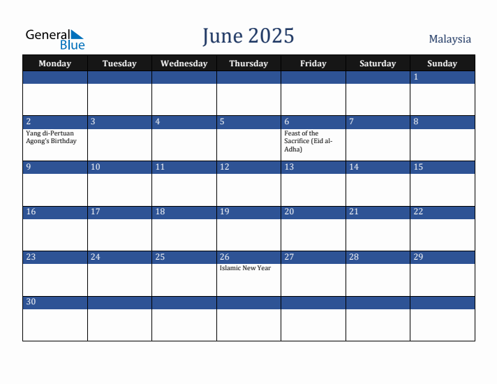 June 2025 Malaysia Calendar (Monday Start)