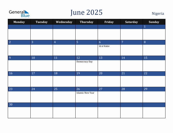 June 2025 Nigeria Calendar (Monday Start)