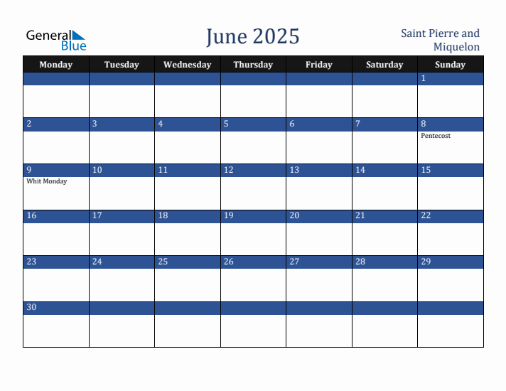 June 2025 Saint Pierre and Miquelon Calendar (Monday Start)