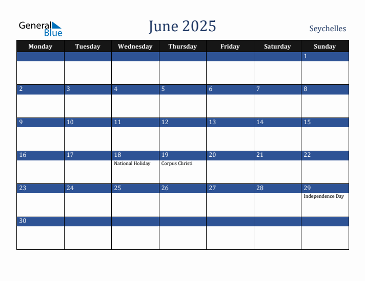 June 2025 Seychelles Calendar (Monday Start)