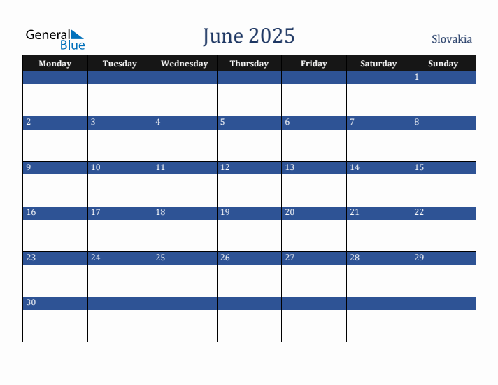 June 2025 Slovakia Calendar (Monday Start)