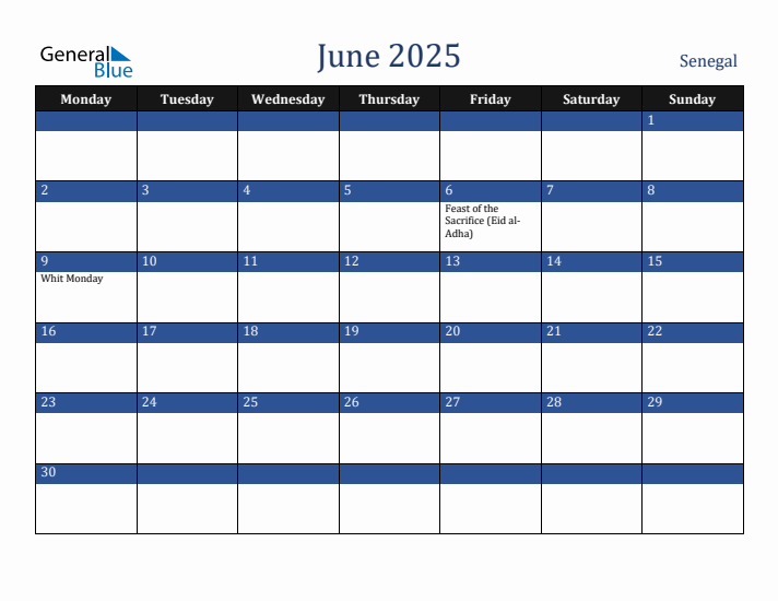 June 2025 Senegal Calendar (Monday Start)