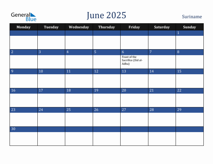 June 2025 Suriname Calendar (Monday Start)