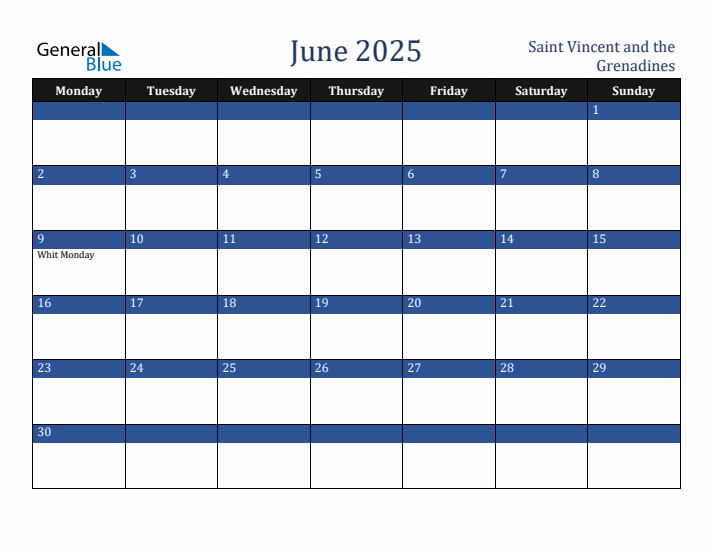 June 2025 Saint Vincent and the Grenadines Calendar (Monday Start)