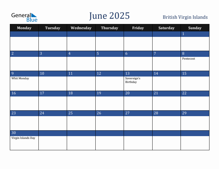 June 2025 British Virgin Islands Calendar (Monday Start)