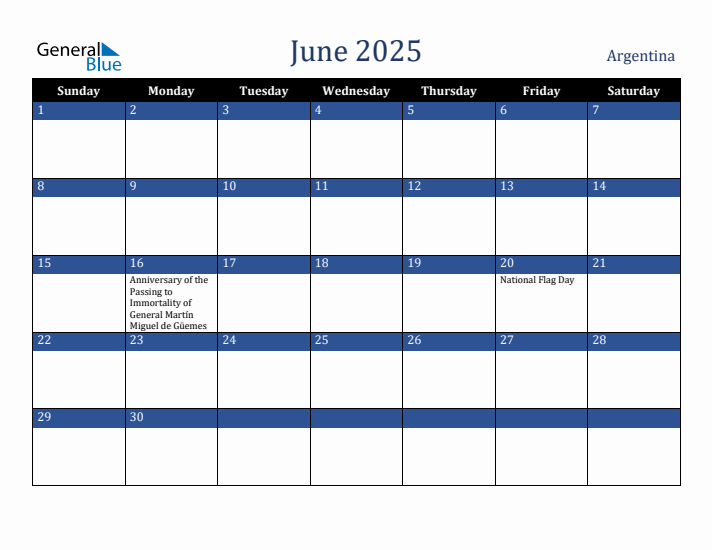 June 2025 Argentina Calendar (Sunday Start)
