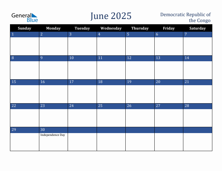 June 2025 Democratic Republic of the Congo Calendar (Sunday Start)