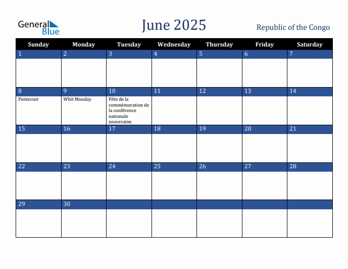 June 2025 Republic of the Congo Calendar (Sunday Start)