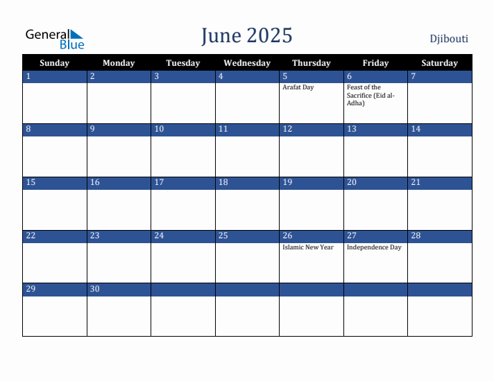 June 2025 Djibouti Calendar (Sunday Start)
