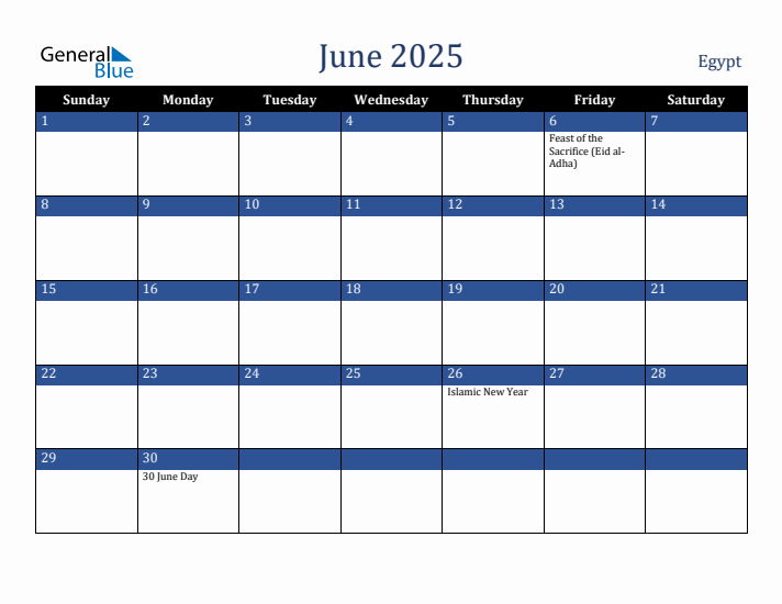 June 2025 Egypt Calendar (Sunday Start)