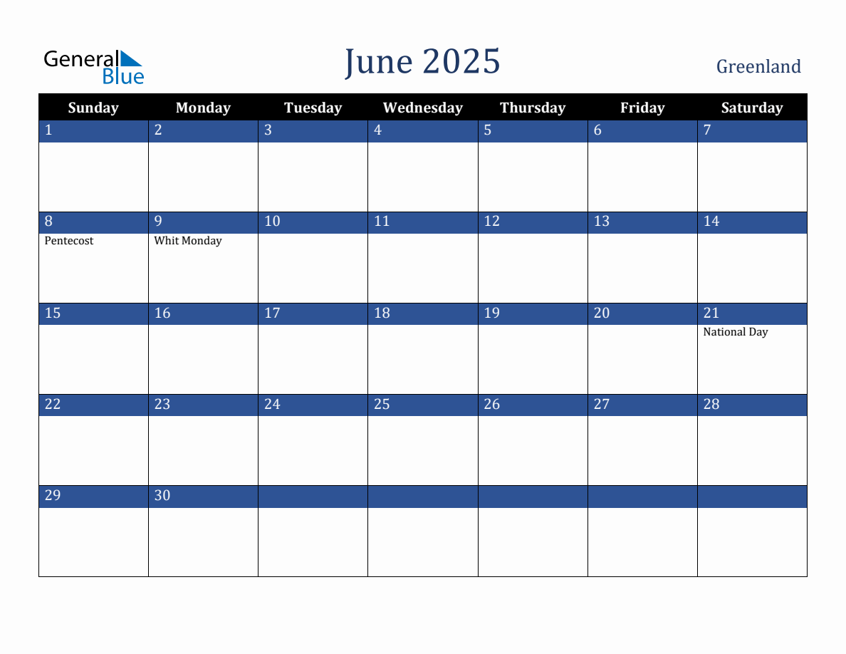 June 2025 Greenland Holiday Calendar