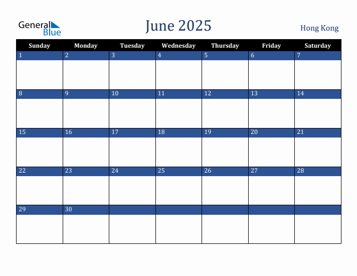 June 2025 Hong Kong Calendar (Sunday Start)
